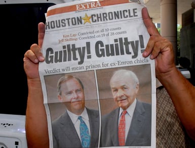 Front page image of the Houston Chronicle newspaper proclaiming the guilty verdict on Enron's former heads Kenneth Lay and Jeffrey Skilling