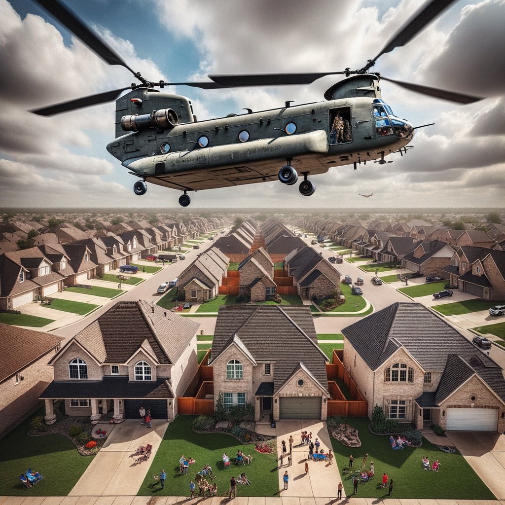 AI image of a Chinook helicopter hovering over a suburban neighborhood.
